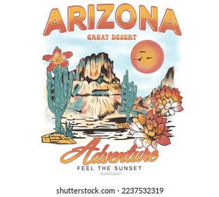 Arizona desert state design.  Cactus flower artwork for men , women, boy and girl. Western desert graphic print design for apparel, t shirt, sticker, poster, wallpaper and others.