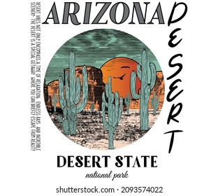 Arizona desert state graphic print design for apparel, t shirt, sticker, poster, wallpaper and others. Wild cactus illustration artwork for men , women, boy and girl.