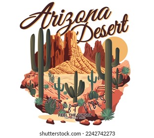 Obra de arte gráfica del estado del desierto de Arizona para ropa, camiseta, pegatina, afiche, papel pintado y otros. Diseño vectorial de cactus.