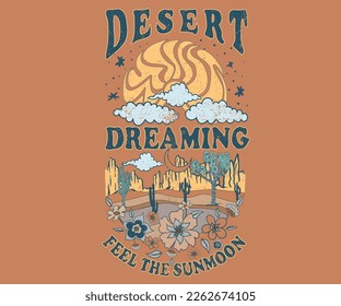 Arizona desert state graphic print artwork for apparel, t shirt, sticker, poster, wallpaper and others. Desert Vibes, feel the sunset, Mountain graphic print. Desert dreams.