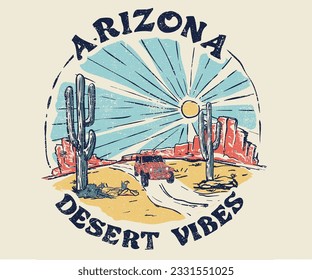 Obra de arte gráfica del estado del desierto de Arizona para ropa, camiseta, pegatina, afiche, papel pintado y otros. Siente la puesta de sol. arte de cactus del desierto.