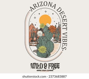 Arizona desert state graphic print artwork for apparel, t shirt, sticker, poster, wallpaper and others. Cactus with flower print design. illustrat3.