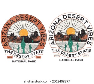 Arizona desert state t shirt design. Desert mountain vector illustration  artwork for apparel, sticker, poster and other use. Adventure graphic print .