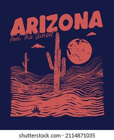 arizona desert sunset adventure drawing vector design for print 