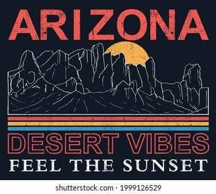 Diseño de camisetas del desierto de Arizona. Obra vectorial de vibraciones del desierto. sientan la ilustración de la puesta de sol para ropa y otros.  