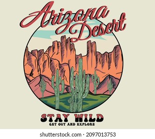 Arizona desert theme vintage color vector artwork for t shirts prints, posters, and other uses.