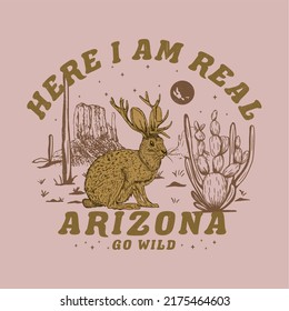 Arizona Wüste Vektorgrafik Druck für T-Shirt und andere. Jackalope mit Wüstenbergskaktus. jackalope ist ein mythisches Tier.