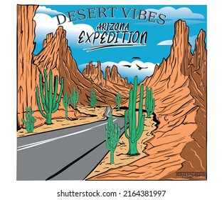 Diseño de la impresión vectorial del desierto de Arizona para camisetas y otros. Diseño gráfico de impresión de viaje por carretera para prendas de vestir, pegatinas, carteles y fondo. Obra de arte salvaje de Cactus.