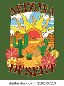 Arizona desert vector print design for t shirt and others. Retro vintage art with Arizona desert and cactus. Arizona desert retro vibes print. Retro vibes art