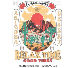 Arizona desert vector print design for t shirt and others. Desert vibes graphic print design for apparel, stickers, posters and background. Flower, cactus, Joshua tree artwork.	