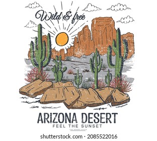 Arizona desert vector t shirt design. Hand sketch digital print artwork for apparel, sticker, batch, background, poster and others. 