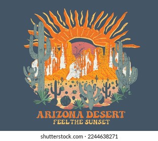 Arizona desert vector t-shirt design. Desert mountain graphics print artwork. Feel the sunset design.