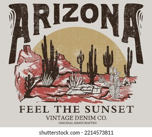 El desierto de Arizona vibes aventura diseño gráfico vintage para camiseta. Diseño del desierto occidental para afiches, pegatinas y otros. Arizona vibra el diseño artístico.