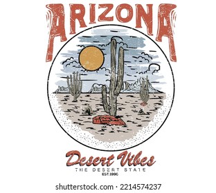 El desierto de Arizona vibes aventura diseño gráfico vintage para camiseta. Diseño artístico de vibraciones del desierto.