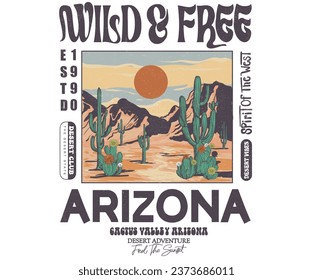 Arizona desert vibes adventure vintage graphic print design for t shirt. Western desert design for poster, sticker and others. Arizona vibes artwork design. Cactus flower.