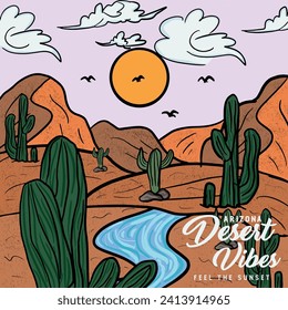 Arizona Desert Vibes adventure vintage print design for t shirt and others. Arizona national park graphic artwork for sticker, poster, background. Mountain with cactus. Feel The Sunset.