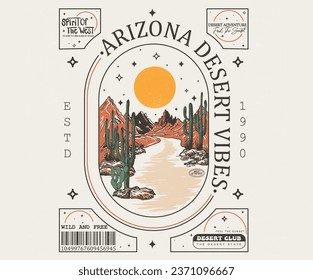 Obra artística de vibraciones del desierto de Arizona para camisetas, afiches, arte mural, pegatinas, fondo y otros. Obra de arte de viajes por caminos del desierto. Cactus salvaje. ilustrat3.  Diseño vectorial del desierto de Arizona.