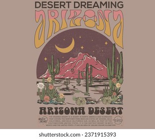 Obra artística de vibraciones del desierto de Arizona para camisetas, afiches, arte mural, pegatinas, fondo y otros. Vista nocturna del desierto con estrellas y luna.