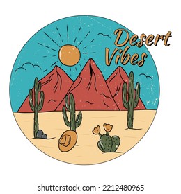 Arizona desert vibes with cactus and mountain. Print design for apparel, stickers, t shirt and others. Retro vintage illustration.
