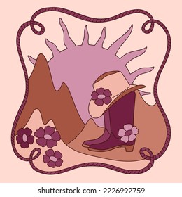 Arizona desert vibes with cowgirl boots, flowers, mountains, sun. Vector print designs for t shirt, poster, background and others.