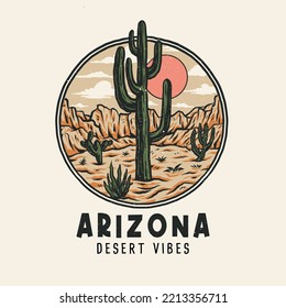 Diseño gráfico de vibraciones del desierto de Arizona, estilo de línea dibujado a mano con color digital, ilustración vectorial