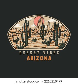 Diseño gráfico de vibraciones del desierto de Arizona, estilo de línea dibujado a mano con color digital, ilustración vectorial