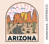 Arizona desert vibes graphic print for fashion and others. Arizona road trip vintage graphic print design for t shirt. Cactus wild with mountain artwork design.