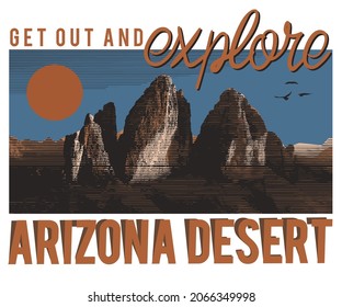 Arizona desert vibes graphic print t shirt design. Mountain vintage artwork for apparel, poster, sticker and others.