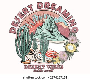 Arizona desert vibes graphic print for fashion and others. Desert dreaming artwork.  Cactus with sunflower. usa flag.