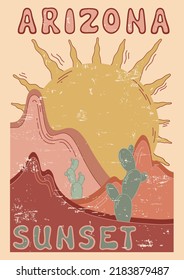 Arizona desert vibes. Graphic print with mountains, sun, cactus and lettering for t-shirt, poster, card and others.