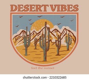 Arizona desert vibes graphic print for fashion and others.  Desert cactus design for apparel, sticker, poster, background and others. Arizona t-shirt artwork print design.