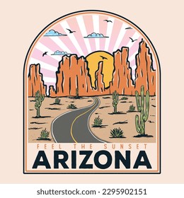 La huella gráfica de las vibraciones del desierto de Arizona para la moda y otros. Diseño gráfico vintage de viaje por carretera de Arizona para camiseta. Cactus silvestre con diseño de arte de montaña.