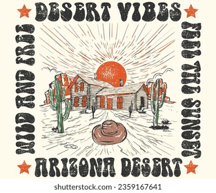 Arizona desert vibes graphic print for fashion and others. Desert house vector.