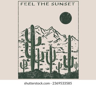 Arizona desert vibes graphic print design for for t-shirt, poster, wall decoration and others. Cactus garden. Desert mountain artwork design.