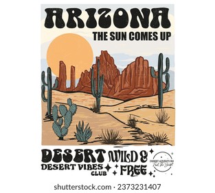 Arizona desert vibes graphic print design. Cactus flower artwork for t-shirts prints, sticker ,posters and others. The sun comes up.