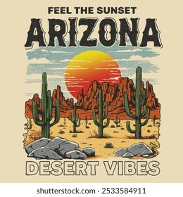 Arizona desert vibes graphic print for fashion and others. Arizona Street Fashion varsity slogan typography for t-shirt. Varsity slogan print tee shirt, Vintage Retro apparel print. Vintage graphics