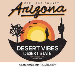Arizona desert vibes graphic t shirt print design. Desert state retro vector artwork.