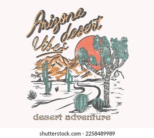 Diseño impreso de vibraciones del desierto de Arizona para camiseta. Diseño vectorial de árbol Joshua. El sol sale. 