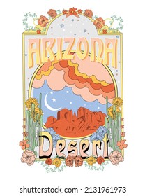 Lema de vibraciones del desierto de Arizona con fondo abstracto colorido - Patrón floral - Vector de mano con estilo hippie de 70's - Vibes Groovy, diseño vintage de camisetas de impresión gráfica. 