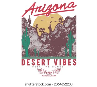 Arizona desert vibes t shirt graphic print design. Desert  vector design for poster, batch, sticker and others. Mountain with cactus print  artwork. 