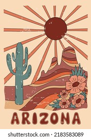 Arizona desert vibes t-shirt design with sun, mountain, flowers, cactus and lettering. Western desert design artwork for apparel, poster and others