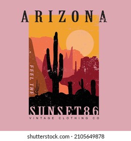 Arizona Desert Vibes t-shirt print design, slogan and desert view vintage illustration for background, label or sticker. Vector illustration.