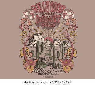 Arizona desert vibes t-shirt print design. Mountain with cactus design.