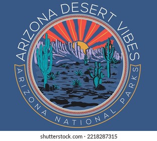 Arizona desert vibes vector t-shirt design. Desert sunset and cactus artwork for t-shirt and others.