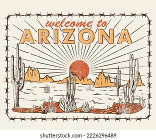 El desierto de Arizona vibra el diseño gráfico vintage para camisetas, afiches, pegatinas y otros. Obra vectorial de viaje por carretera en el desierto. Alambre de púas de acero.