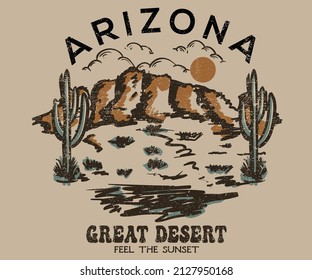 Arizona desert vintage print design for t shirt, poster, background, sticker and others. Cactus wild graphic vector artwork.