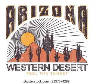 Arizona desert vintage print design for t shirt and others. Cactus with mountain graphic print for sticker. 