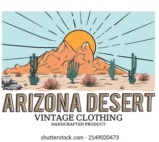 Arizona desert vintage vector print design for t shirt and others. Mountain and cactus graphic print design for apparel, stickers, posters, background. Wild life artwork.