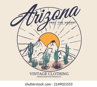 Diseño vectorial vintage del desierto de Arizona para camisetas y otros. Diseño de impresión gráfica de montaña y cactus para prendas de vestir, pegatinas, afiches, fondo.