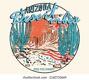 Arizona desert vintage vector print design for t shirt and others. Mountain and cactus graphic print design for apparel, stickers, posters, background. 